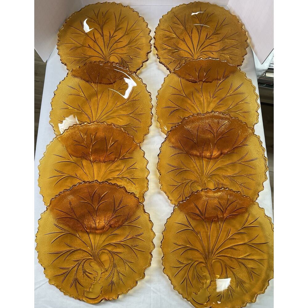 Vintage Indiana Glass Pebble Leaf Tree Life Amber Plates Rare Set of 8 See Video